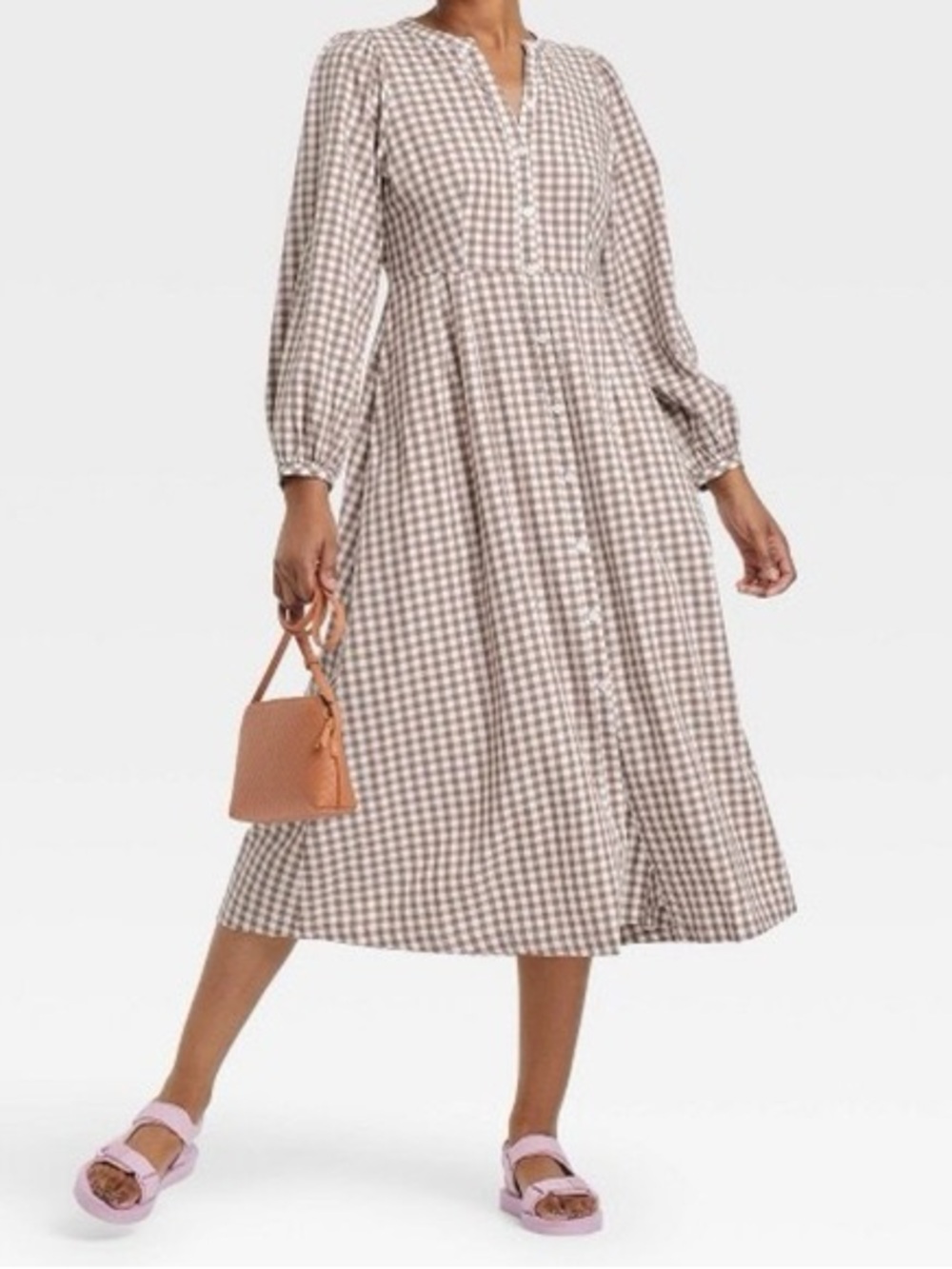 Gingham Button-Front Midi Dress in Beige